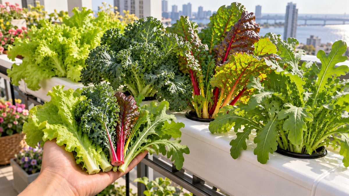 A hand holding freshly picked outer leaves of lettuce, kale, chard and arugula in front of the same plants growing full in a white hydroponic channel on a sunny balcony