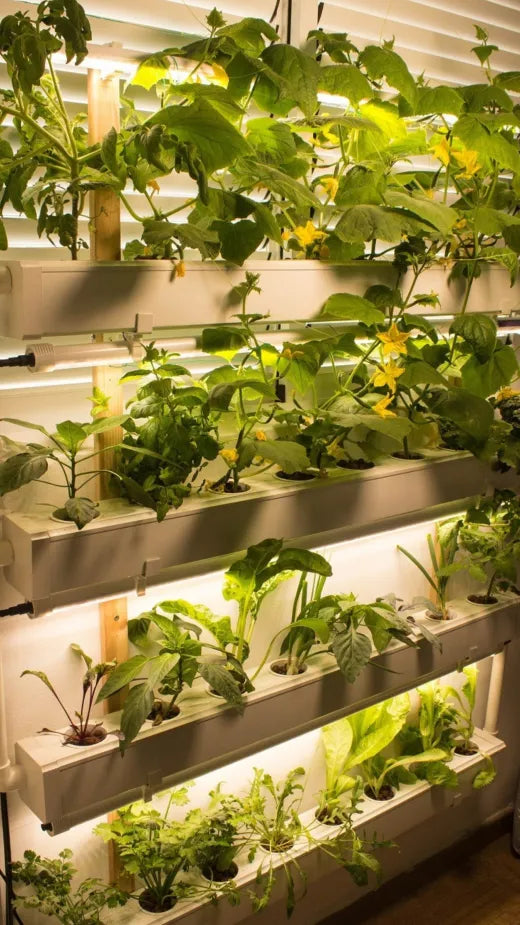 An indoor Wally wall lush with cucumber vines and tomato plants in flower under grow lights.
