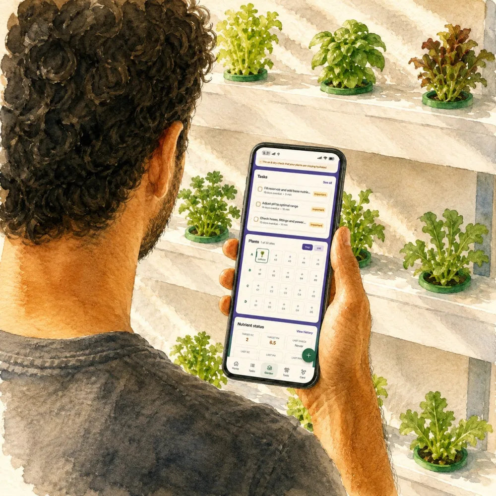 A person holding a phone showing the Vegardi app with a task list and a grid of 32 planting sites; a Wally wall with basil plants is visible behind.