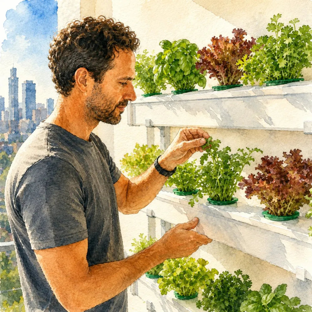 Person tending the herbs and leafy greens on a Wally wall garden on a sunlit balcony, gently touching the leaves.