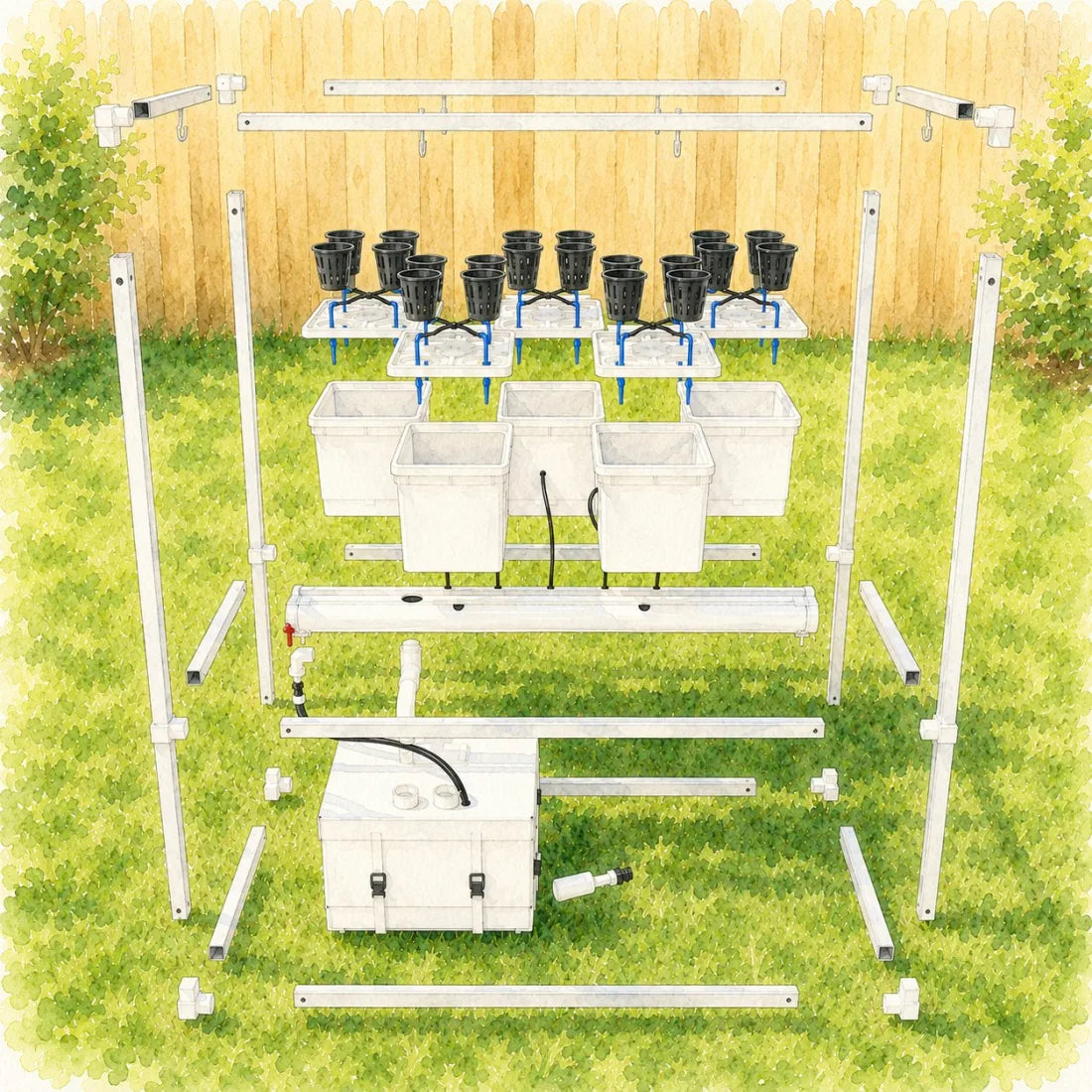 Watercolor illustration of the Tobato frame, buckets, reservoir, and fittings laid out for assembly on a lawn.