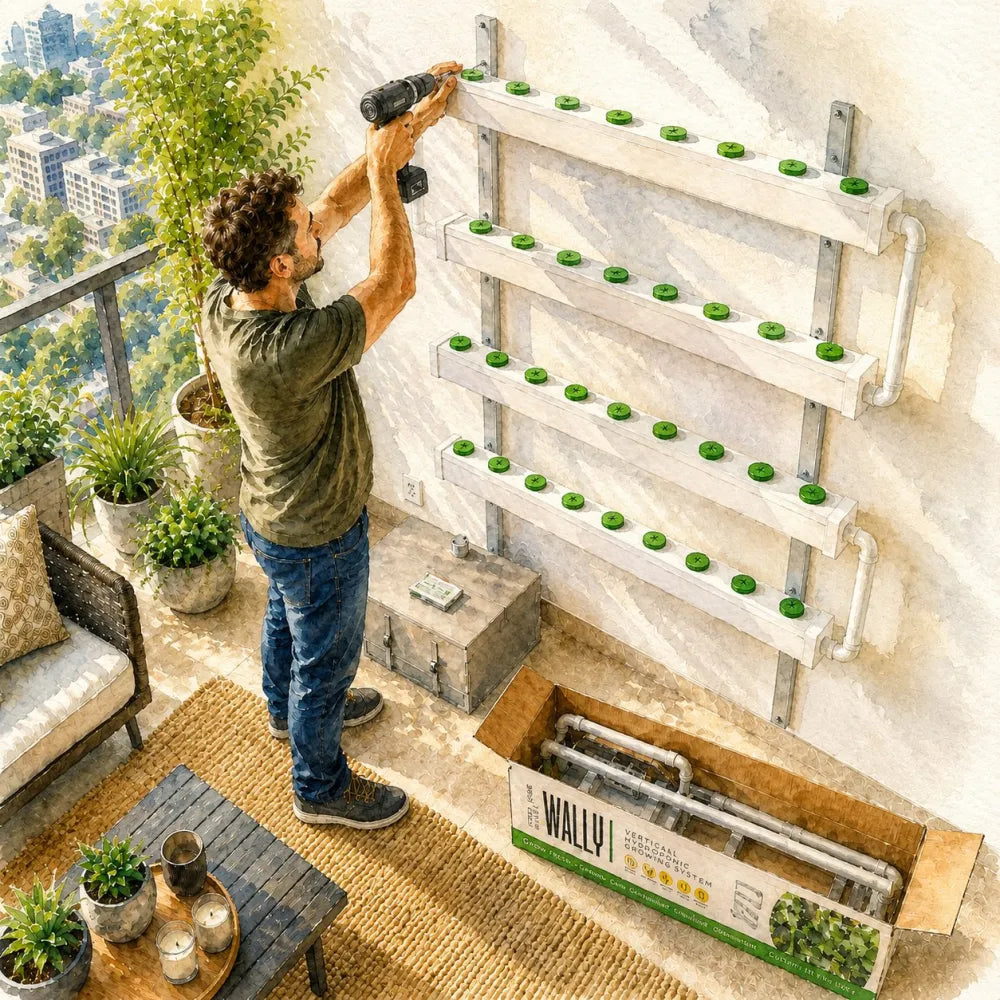 Person on a balcony mounting the Wally aluminum poles to the wall with a drill, the Wally box open on the floor.