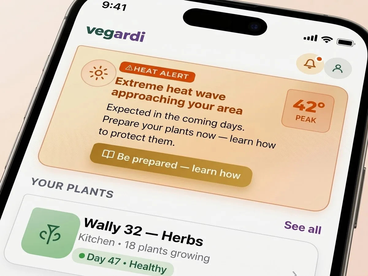 A Vegardi heat alert warning of an extreme heat wave approaching, with a 42 degree peak indicator and a be-prepared call to action on the home screen.
