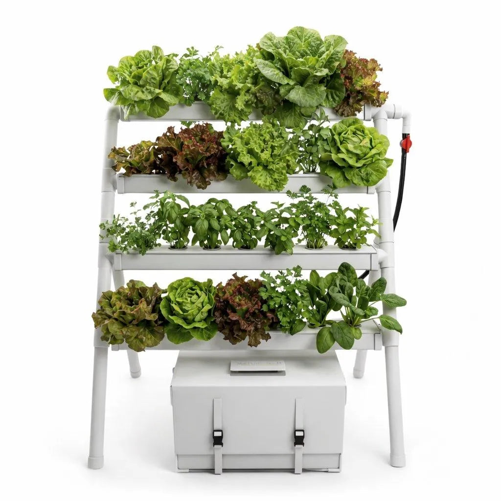 Homie Smart 28: freestanding NFT hydroponic system with four channels of greens and herbs.