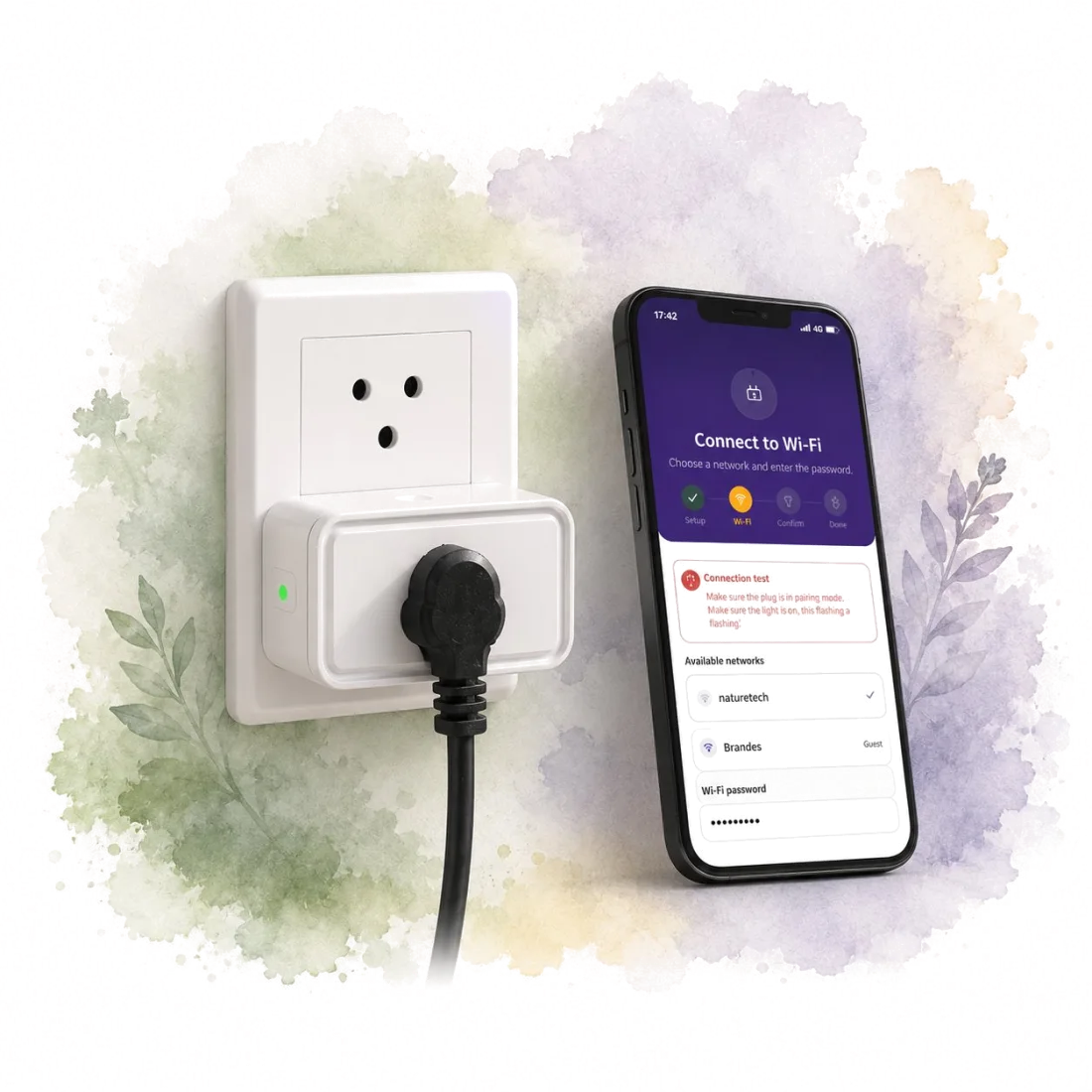 A Smart Plug installed in an outlet next to a phone showing the Wi-Fi setup screen.