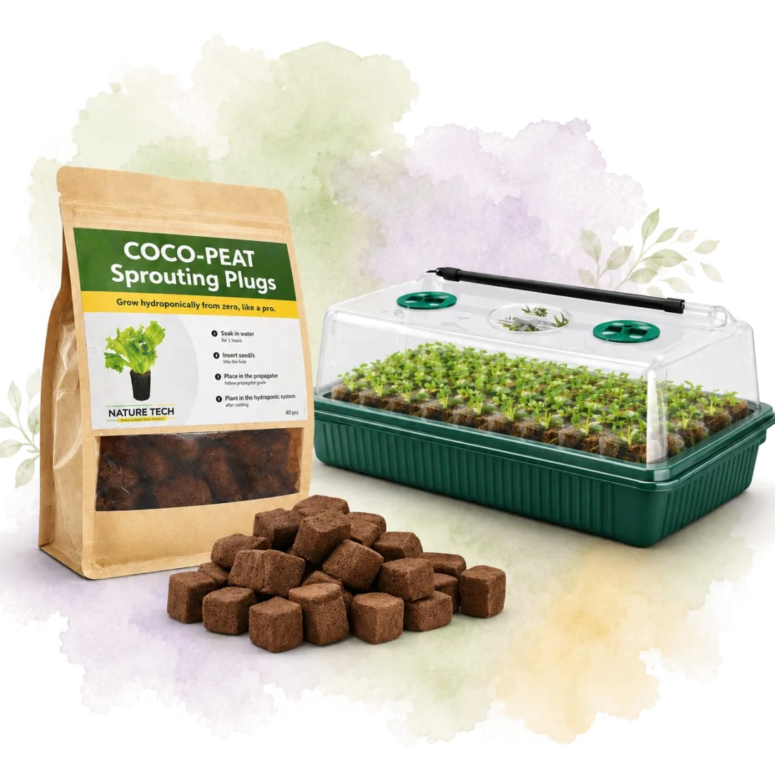 Sprouting kit: coco-peat plugs, a propagator tray with seedlings, and an LED grow light.