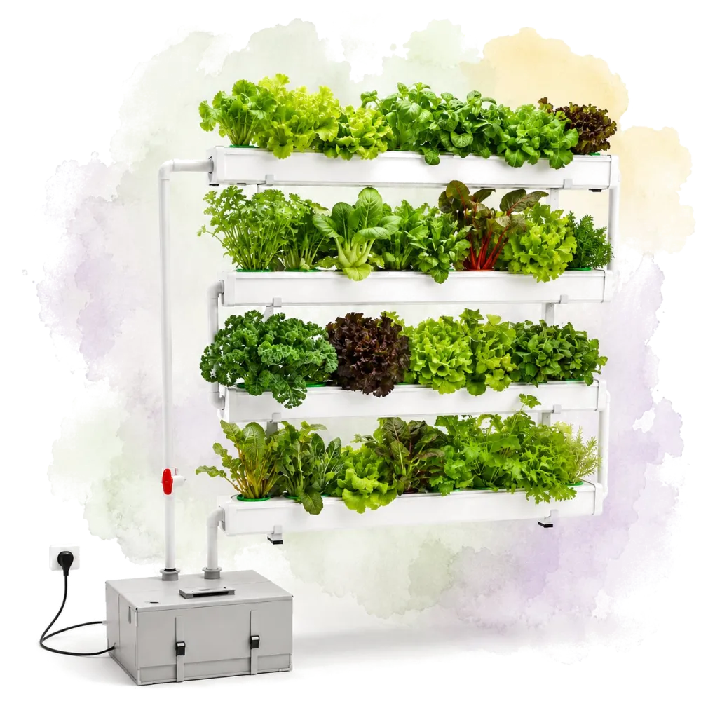 Wally Smart wall system with four channels of greens and a 40-liter reservoir at the base.