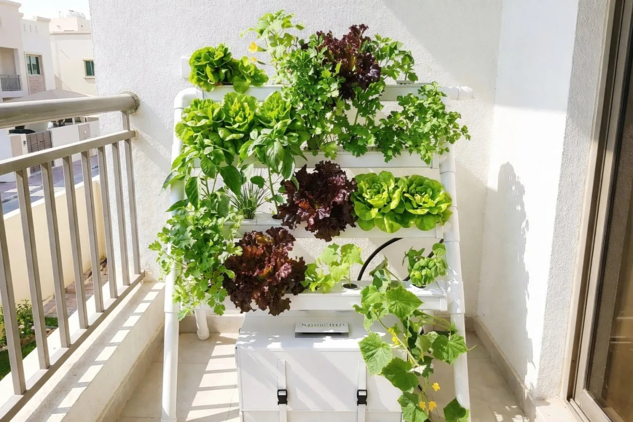 The Homie Smart freestanding hydroponic system on a sunlit balcony, with four channels of mature plants — lettuce, basil, parsley, kale and other leafy greens — and a 40L white reservoir tucked underneath the frame