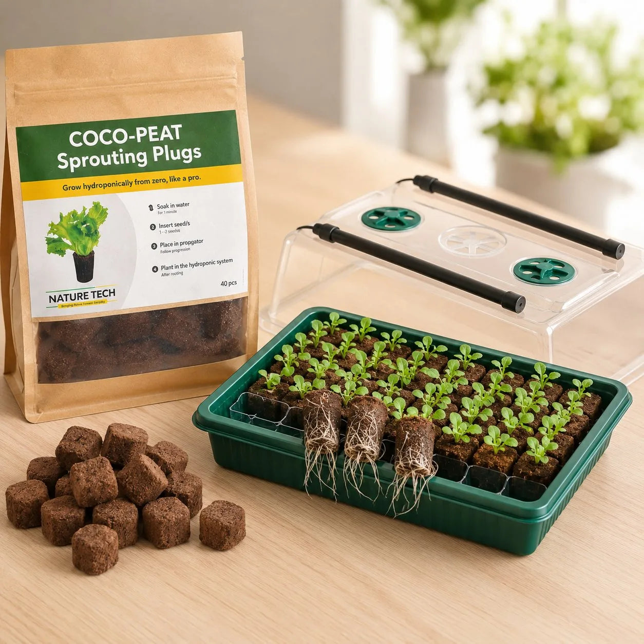 The NatureTech seed-starting kit: a bag of Coco-Peat Sprouting Plugs, a clear vented dome with grow lights, a green propagator tray full of young seedlings with visible roots, and a pile of loose coco-peat plugs on a wood surface
