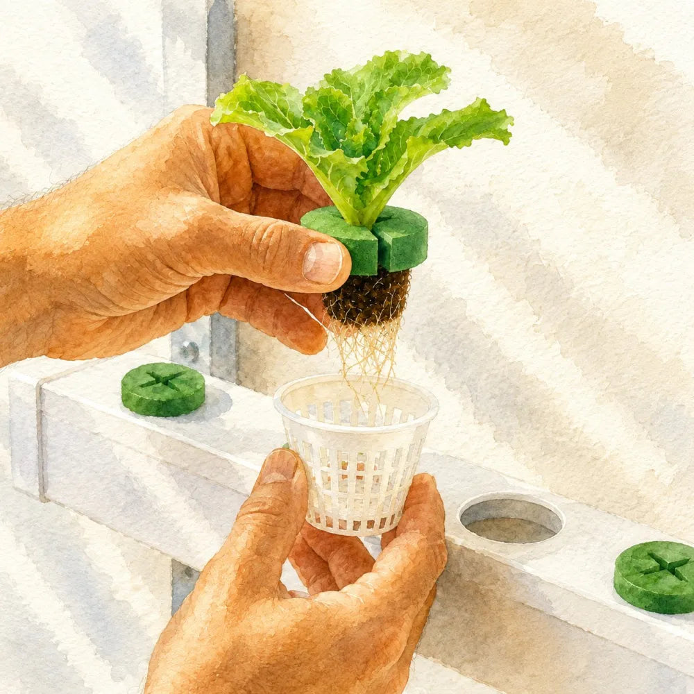 Close-up of hands placing a young lettuce seedling with exposed roots into a net cup on a Wally channel.