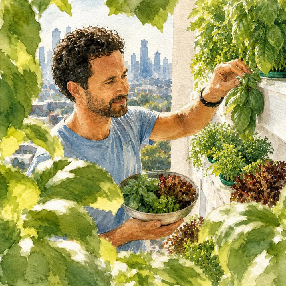 Person harvesting basil from the Wally wall into a bowl already filled with mixed greens, with a cityscape in the background.