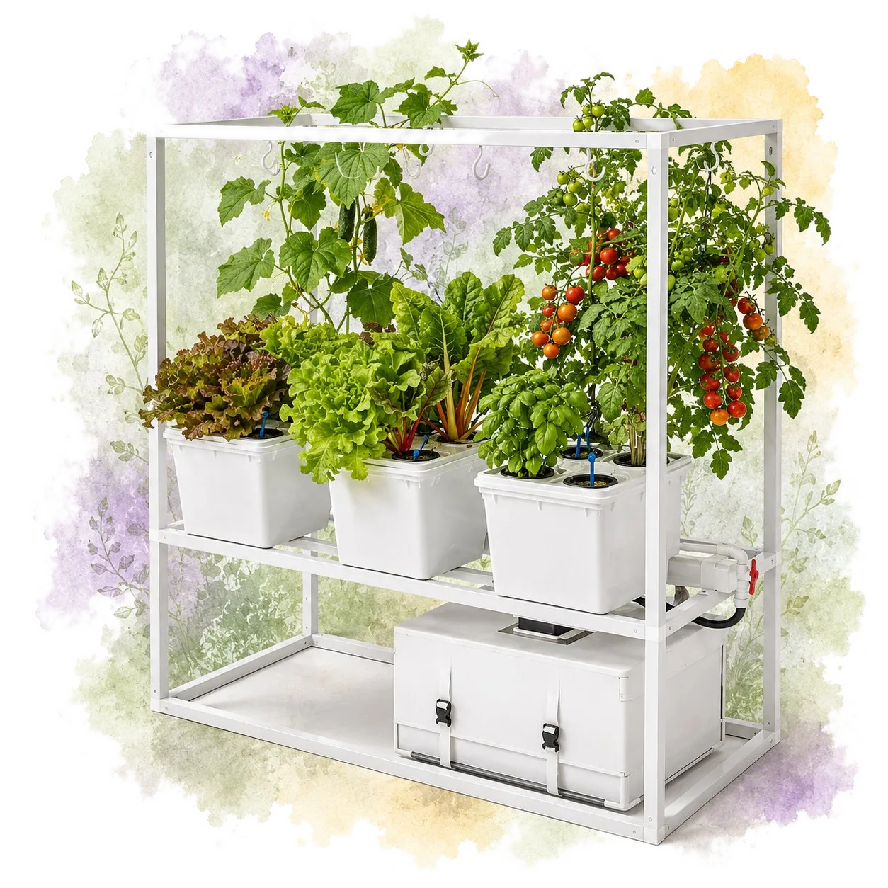 The Tobato Smart growing station, lushly planted with greens, cherry tomatoes, and a cucumber vine, on a soft watercolor wash.