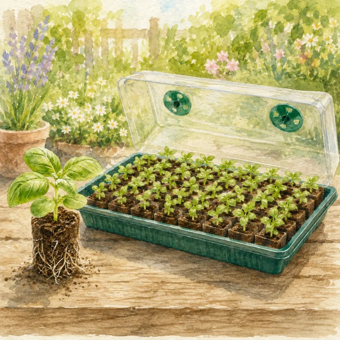 Watercolor illustration of a propagator tray full of basil seedlings beside a single seedling with its root plug.