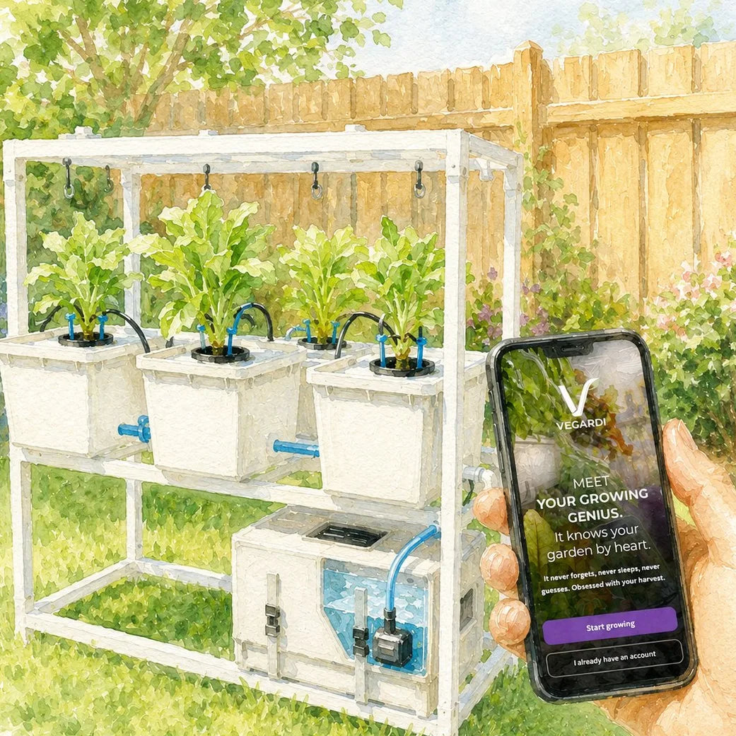 Watercolor illustration of a planted Tobato system beside a hand holding a phone showing the Vegardi app.