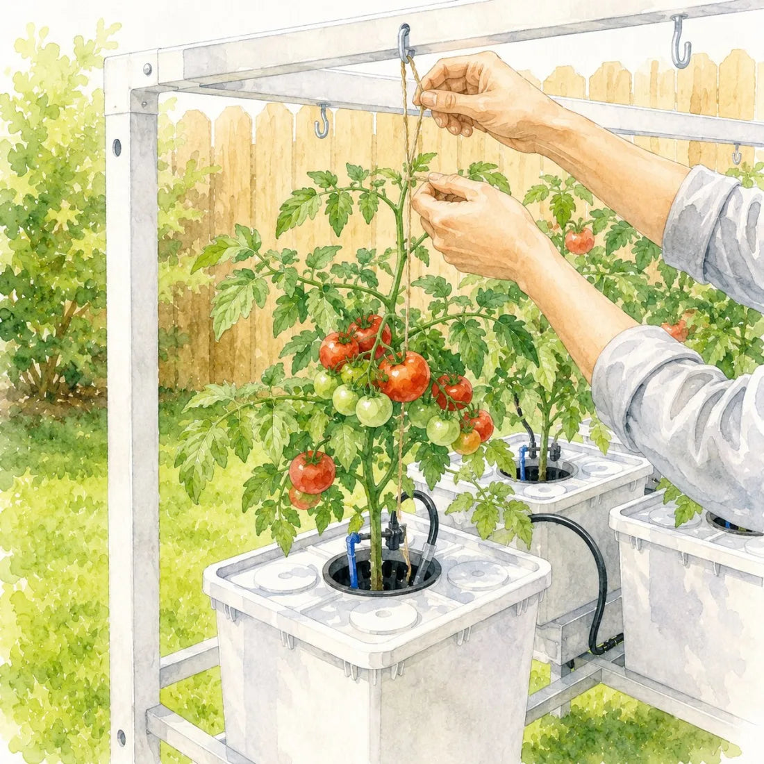 Watercolor illustration of hands tying a tomato plant up to the frame hook with twine.