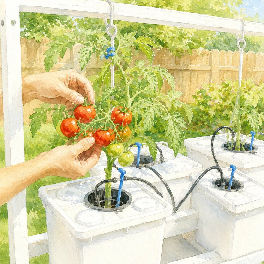 Watercolor illustration of hands picking a cluster of ripe red tomatoes from a Tobato bucket.