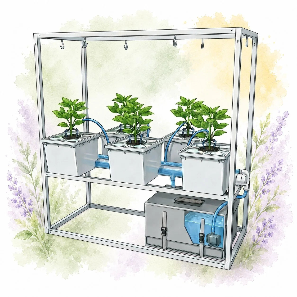 Illustration of the Tobato Dutch Bucket water cycle: a reservoir and pump at the base feed a row of buckets through a drip line, with the solution recirculating back to the reservoir.
