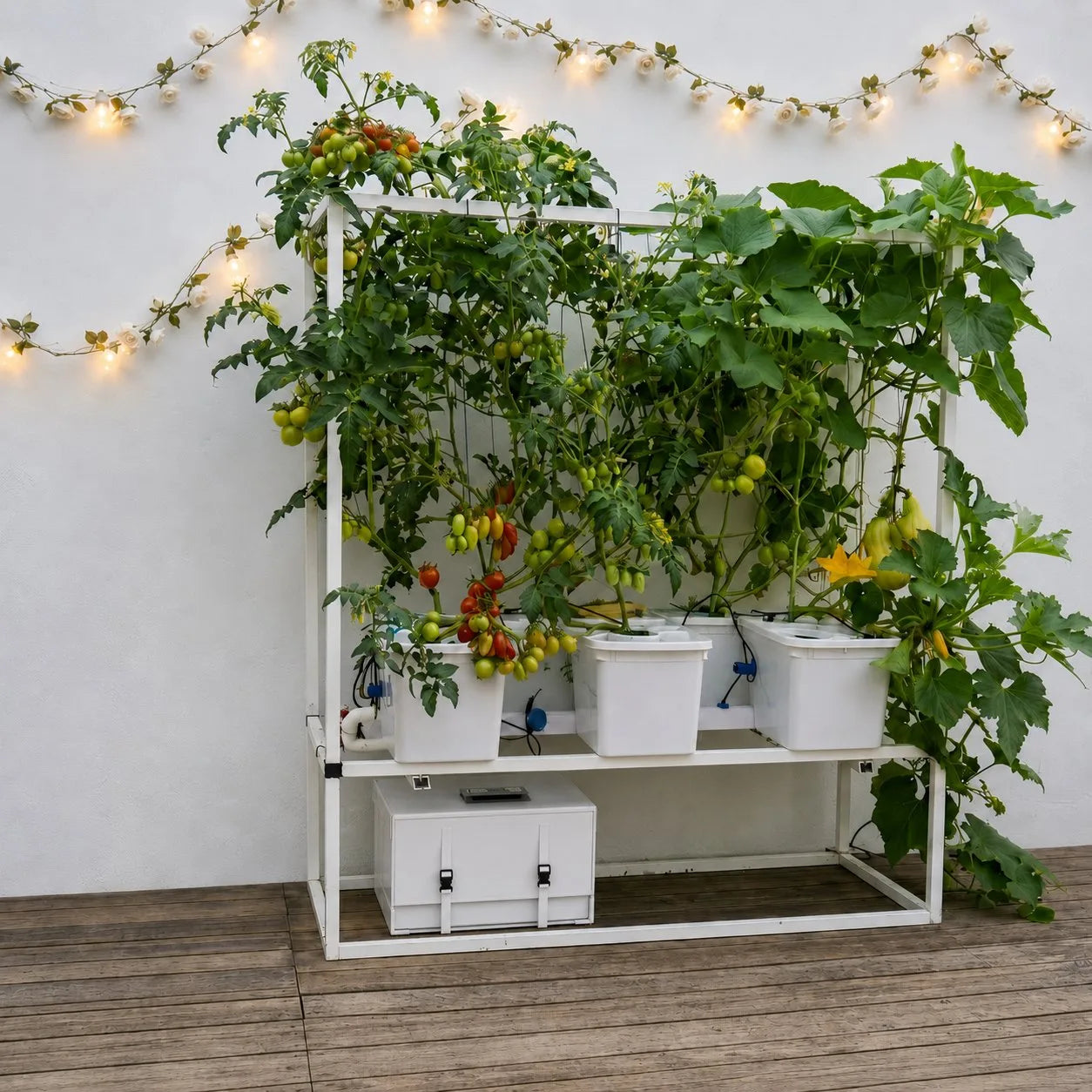 The Tobato Smart Dutch Bucket system on a wood-floored patio against a white wall, with Dutch Buckets supporting mature tomato vines bearing red and green clusters and climbing cucumber plants with yellow squash flowers, framed by the aluminum trellis cage, with the white 40L reservoir resting on the lower shelf of the frame