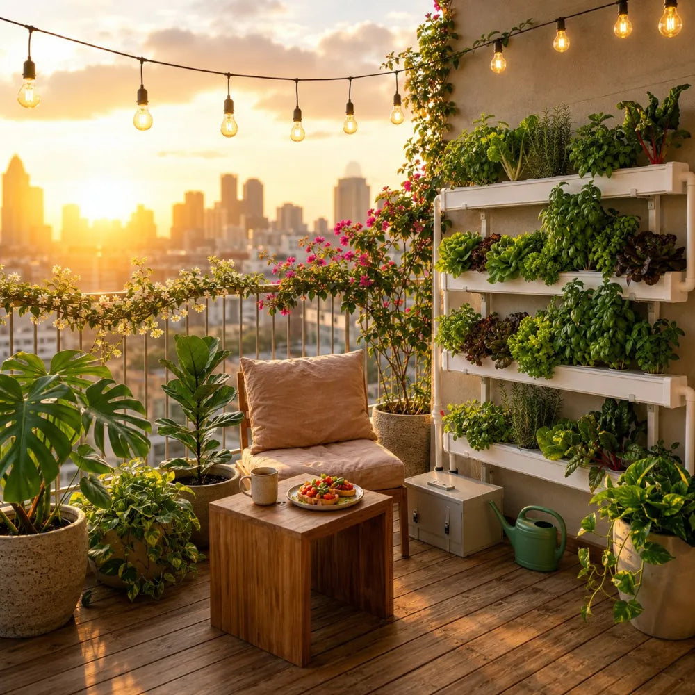 The Wally Smart system mounted on a textured balcony wall at sunset, four channels of basil, lettuce, chard, and other leafy greens, framed by a lived-in outdoor space with potted plants, a cushioned chair, a coffee and small snack on a wooden side table, and a cityscape silhouette beyond in the warm evening light