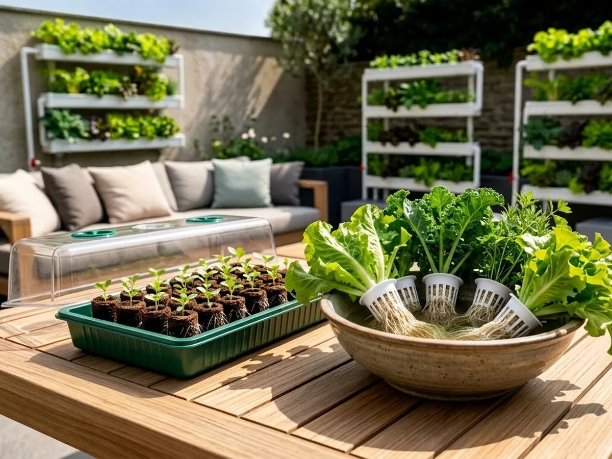 Three NatureTech hydroponic systems on a sunlit patio. A wall-mounted Wally on the left, two Homies on the right, with a sprouting tray and harvested greens on the foreground table.
