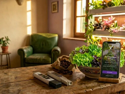 A phone in a wooden stand on a rustic table, showing the Vegardi welcome screen, surrounded by EC and pH meters, a sack of growing media, a bowl of harvested lettuce, and a hydroponic system in soft focus.