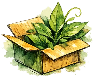 Watercolor illustration of an open cardboard box with green leaves emerging from inside, representing the unboxing and setup step.