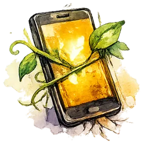 Watercolor illustration of a phone wrapped in green vines, representing the Vegardi app guiding the daily care routine.