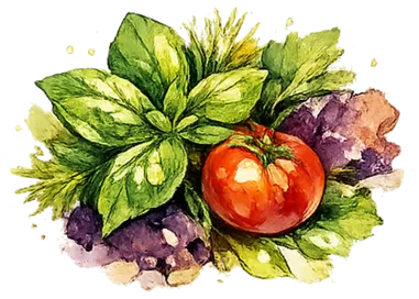 Watercolor illustration of fresh basil leaves, a ripe red tomato, and other harvested produce ready for the kitchen.