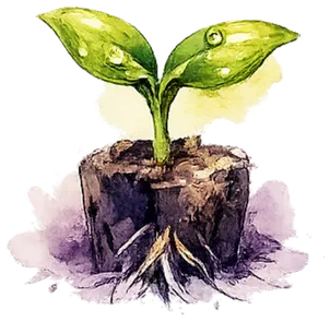 Watercolor illustration of a tiny seedling with its first true leaves, planted in a soil cube with roots showing.