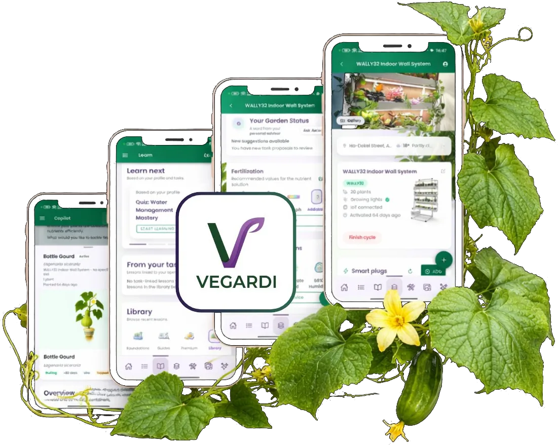 The Vegardi app on five phones showing garden status, the learn hub, fertilization targets, and a Wally system overview, framed by cucumber vines and a yellow flower.