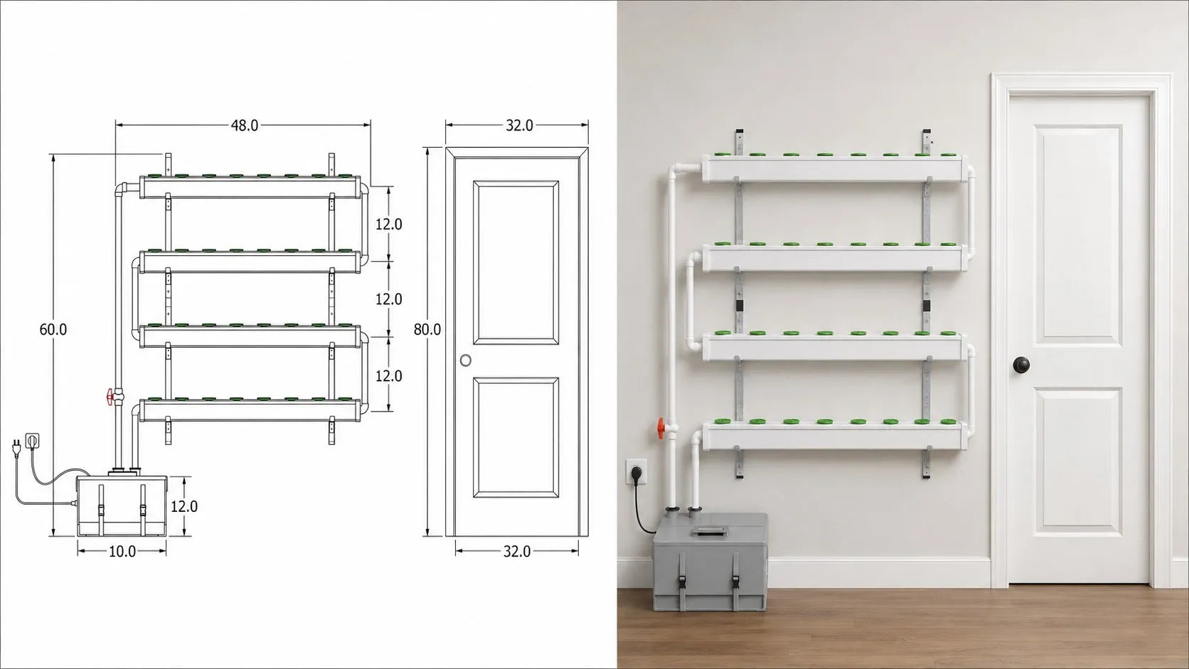 A side-by-side reference: a technical line drawing of Wally Smart next to a standard door for scale, paired with a photograph of the assembled Wally system mounted on a wall beside an interior door.